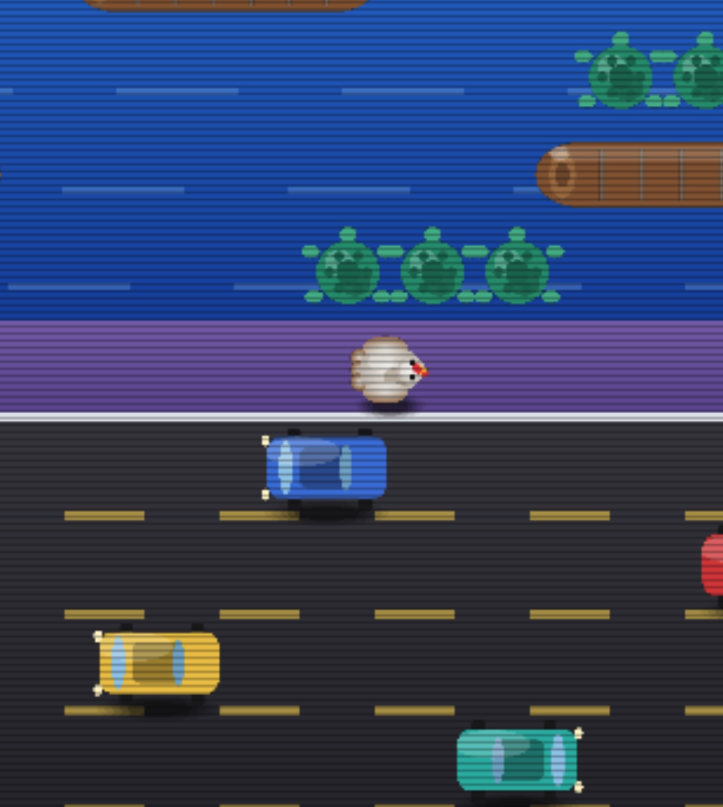 Crossroads gameplay: a pixel chicken on the median between a road of cars and a river of logs and turtles