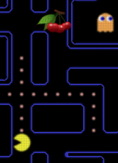MazeMan gameplay: a yellow circle eating dots in a blue maze, a ghost and cherries nearby