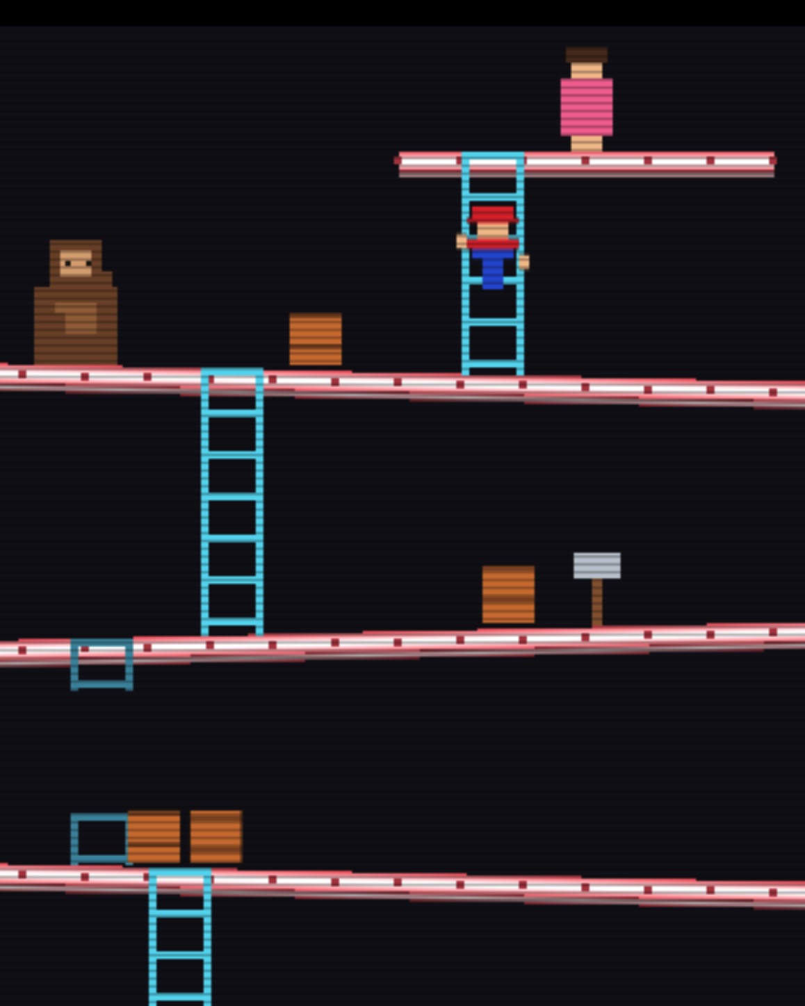 Monkey Kong concept art: an ape sitting on girders above ladders and barrels, a climber in a red cap partway up
