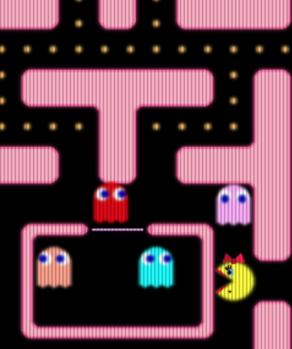 Ms. MazeMan gameplay: a yellow character wearing a red bow in a pink maze, four ghosts closing in around the box