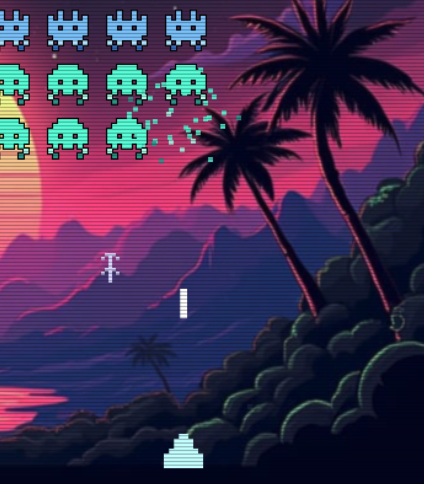 Invaders gameplay: rows of pixel aliens descending over a neon sunset with palm trees, a ship firing from below
