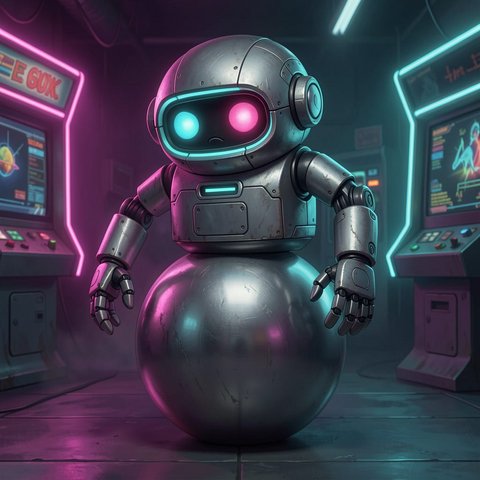 Marvin the droid - a small sad robot balancing on a metallic sphere